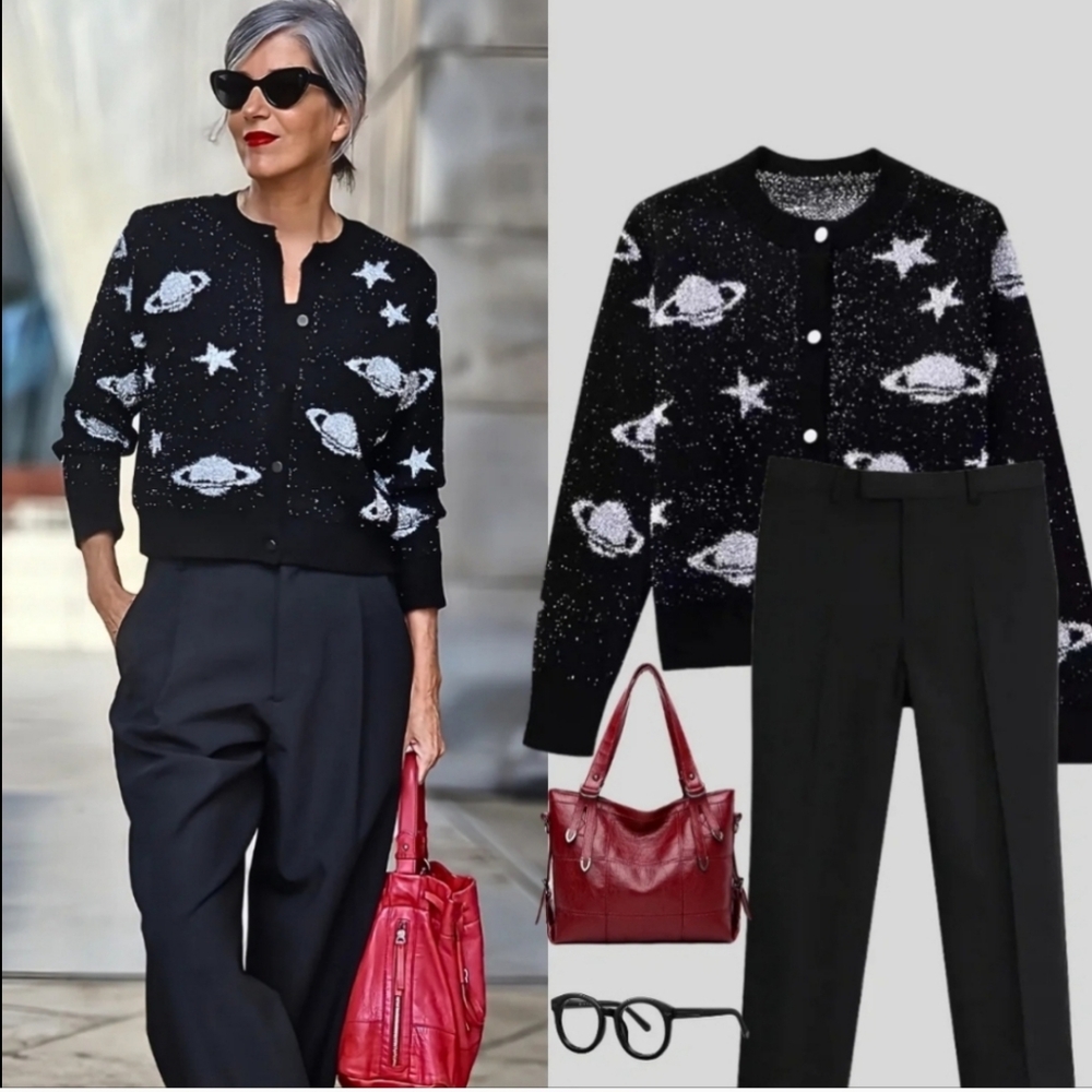 Zara Blogger FAVE, Black Star and Planet Cardigan, SIZE MEDIUM
